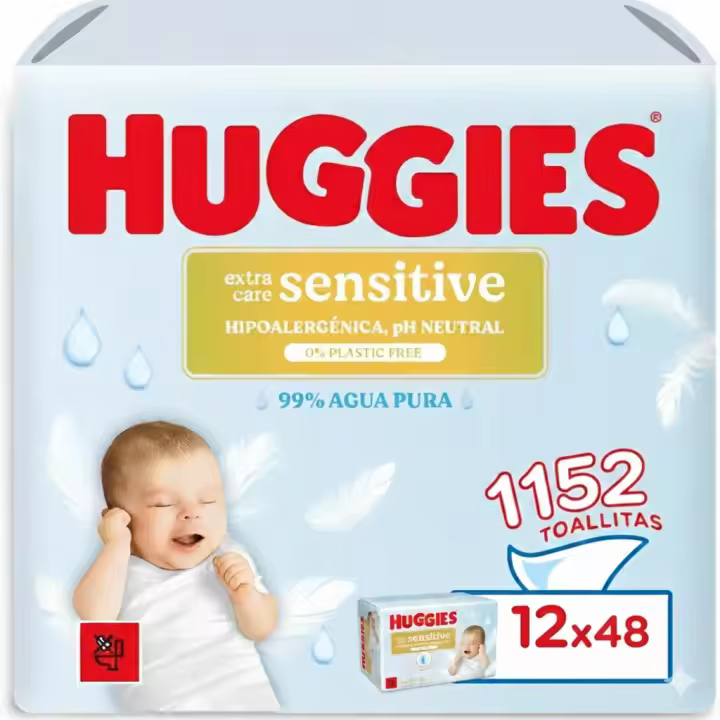 Huggies Extra Care Sensitive 1152 Toallitas (12 packs de 48 Toallitas) Cuidado 4 en 1 para Piel Sensible: Limpia, Calma, Protege contra la Irritación y Equilibra el PH. Clínica y Dermatológicamente Testado, sin Fragrancias ni Parabenos. - 1
