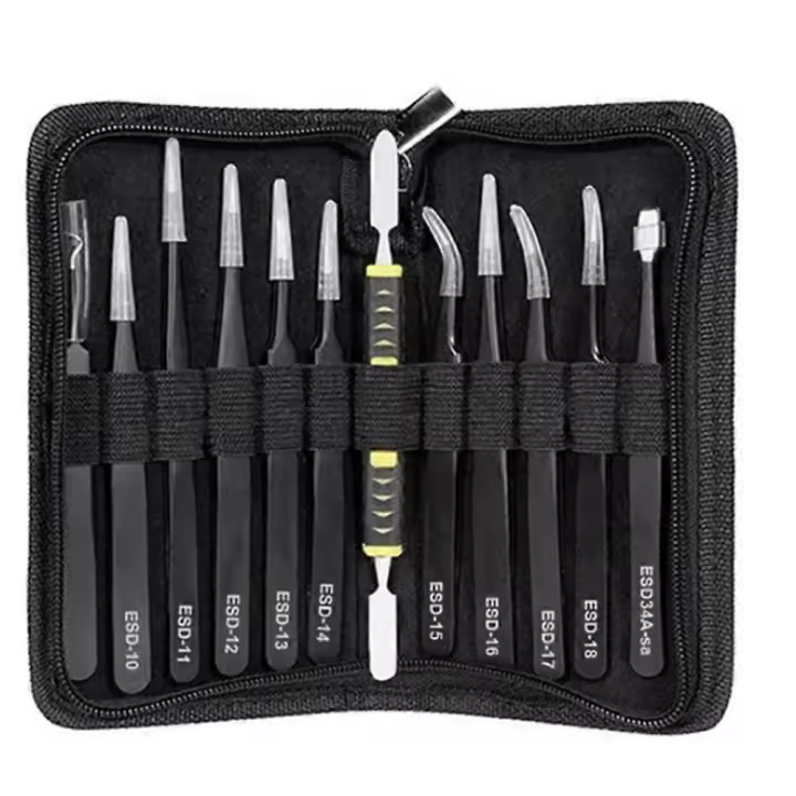 Tweezers 12 Pieces ESD Tweezers Tools Kit Anti-Static Non-Magnetic Stainless Steel Multi-Standard w - 1