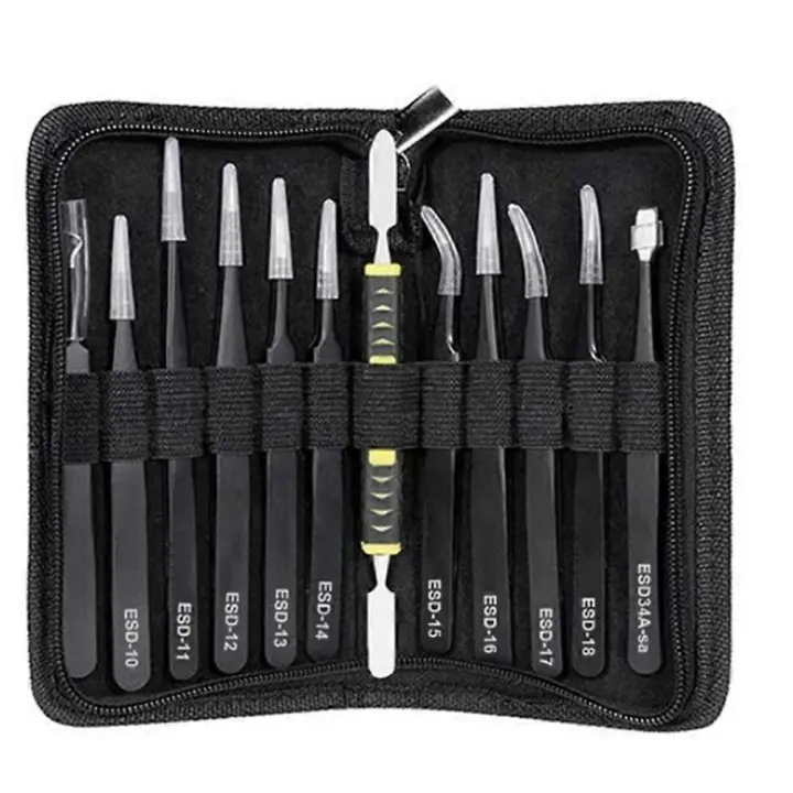 Tweezers 12 Pieces ESD Tweezers Tools Kit Anti-Static Non-Magnetic Stainless Steel Multi-Standard w - 1