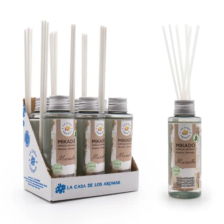 La Casa de los Aromas - Ambientador Mikado Aroma Marsella - Set Difusor Líquido para Reposición con Varillas - Fragancia Duradera - Ideal para el Hogar, Baño, Casa - 6 x 100 ml - 1