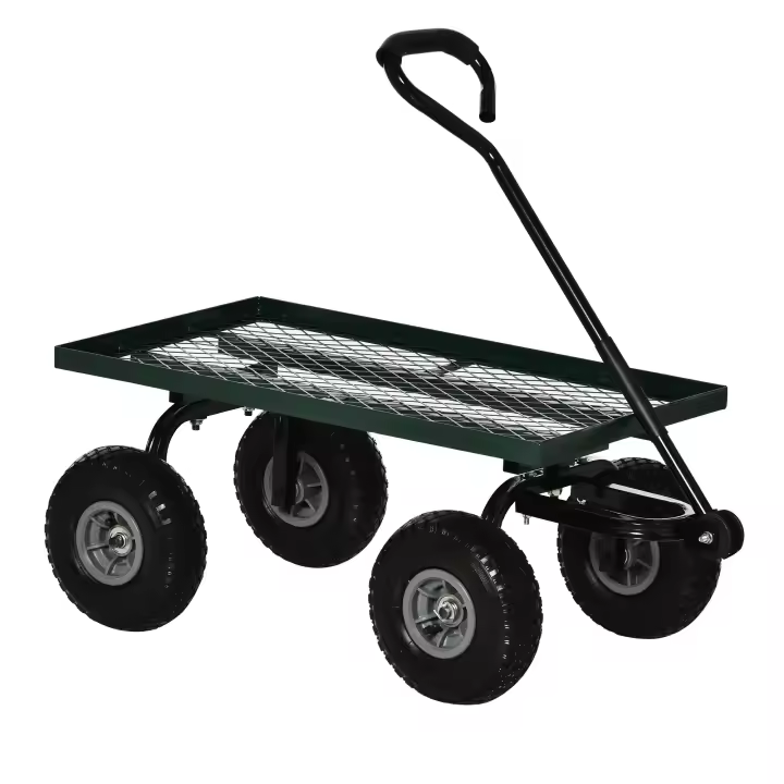 Outsunny Carro de Jardín con Ruedas Grandes Carretilla de Mano con Mango Revestido y Estructura de Acero Carga 150 kg Carro de Transporte para Camping Exterior Negro y Verde - 1