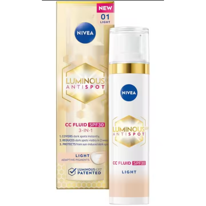 Nivea Luminous 630 Crema Antimanchas  CC Fluido Tono 01 SPF 30 Con Ácido Hialuronico 40ml - 1