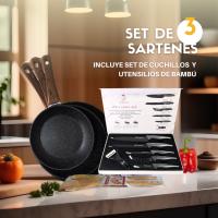 Set de 3 Sartenes 20/24/28cm con Revestimiento Antiadherente a la Piedra Aluminio forjado . Incluye set de cuchillos y set de utensilios de bambu - details 0