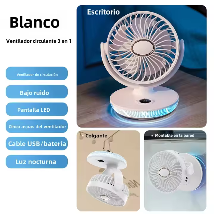 Ventilador Portátil Recargable Con Pantalla Digital LED Tiempo De 8H Luz De Colores Multicolor Ajustable 180° Montado En La Pared O Techo - 1