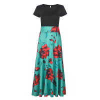 Vestido Largo De Maxi Con Cuello Redondo Y Manga Corta Elegante Vestido De Mujer Con Cintura Ajustada Y Estampado Splicing - details 8
