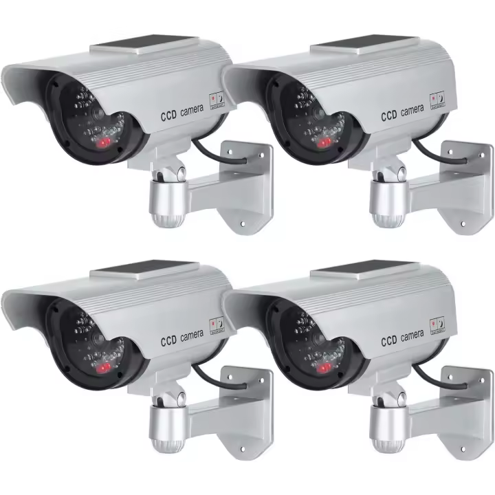 Cámaras ficticias con panel solar, cámara CCTV de seguridad falsa con luz LED para uso en interiores y exteriores (paquete de 4, plateadas) - 1