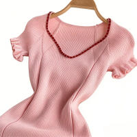 Vestido Bodycon Mini Para Mujer En Rosa Con Volantes Y Cuello En V Estilo Casual Para Fiestas Y Club High Stretch Ribbed Knit - details 4