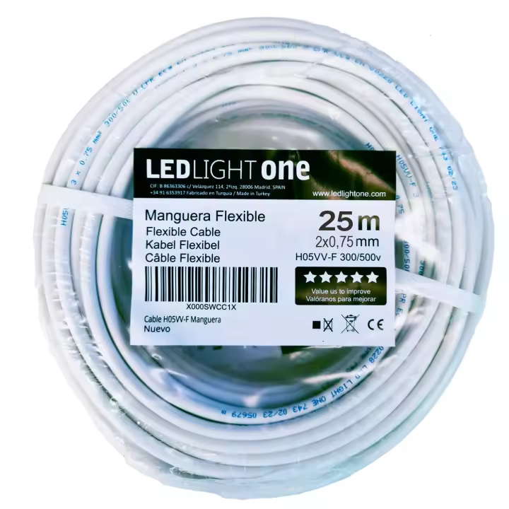 Led Light One Cable H05VV-F Conductor 2x0,75mm 25m (Blanco) Tensión de servicio: 500v Temperatura máxima de trabajo 70º.Cables para instalaciones fijas y móviles en locales domésticos y oficinas. - 1