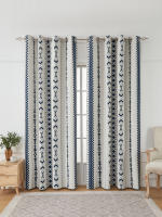 Cortinas De Blackout Total En Blanco Y Azul Con Patrón Circular Y Cuadrícula Pequeña Para Sala De Estar Y Dormitorio - details 0