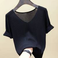 Camiseta De Mujer De Verano Con Cuello En V Y Manga Corta Tejida En Color Negro Y Naranja Estilo Slim Para Ocio Casual - details 6
