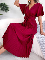 Vestido Maxi Elegante De Cintura Alta Con Volantes Y Mangas De Mariposa Para Mujer Vestido De Fiesta Casual De Polyester - details 5