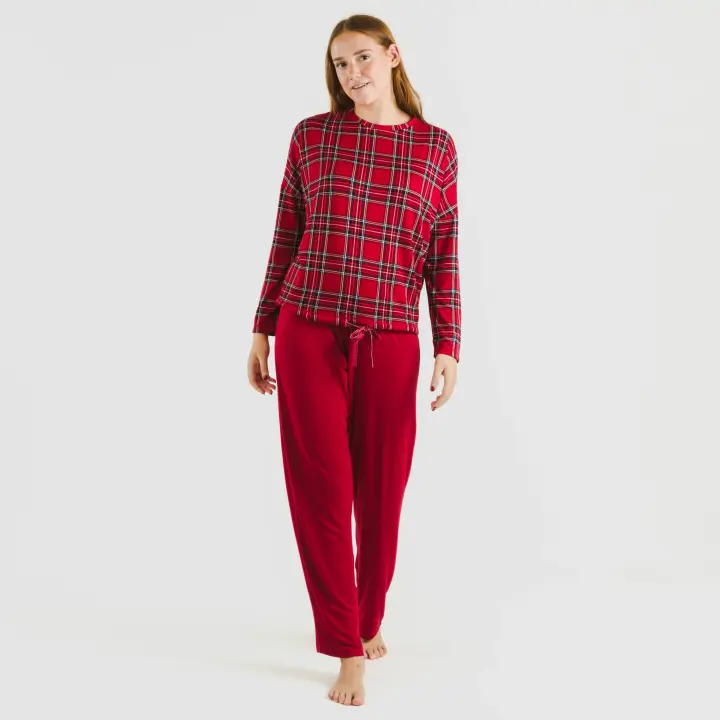 TRAMAS+ Pijama Mujer Largo, Conjunto de Manga Larga con Cordón Ajustable y Pantalón con Cintura Elástica, Ropa de Dormir Cómoda - 1