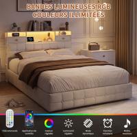 Cama tapizada 160x200 cm en terciopelo beige con 4 cajones, cabecero con 2 cajones, LED RGB, USB y Type-C - details 1