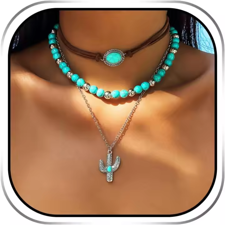 Gargantilla Bohemia Turquesa con Colgante de Cactus de Plata, collar con cuentas en Capas para Mujer, Talla única, Turquesa, No es una Piedra Preciosa - 1