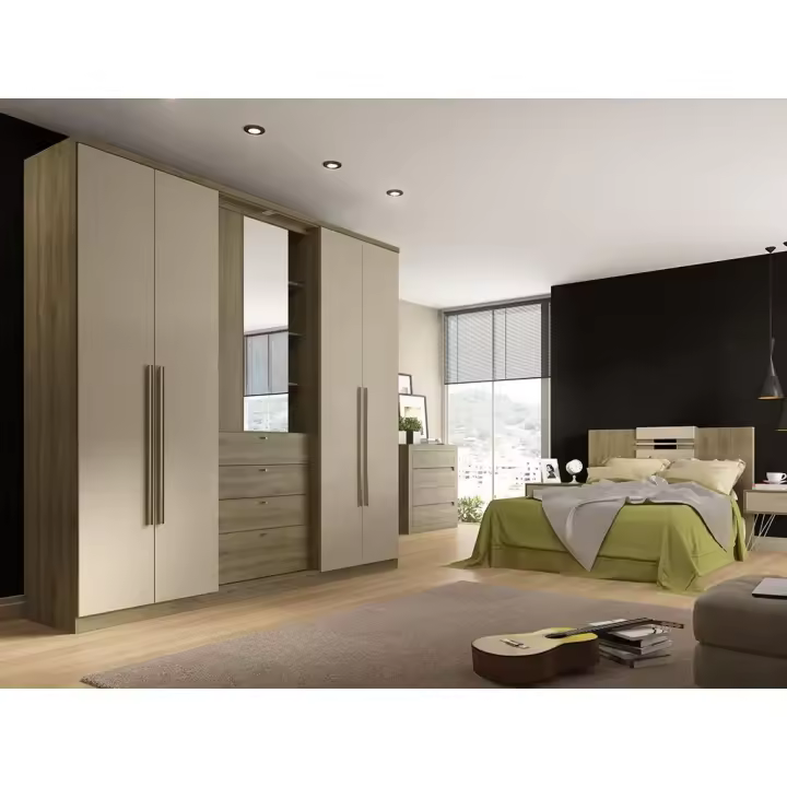 Vente-unique - Armario ISAK - 4 puertas - Espejo y cajones - Largo 240 cm - Roble y marfil - 1