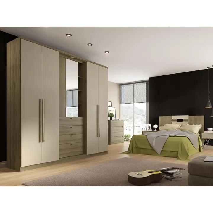 Vente-unique - Armario ISAK - 4 puertas - Espejo y cajones - Largo 240 cm - Roble y marfil - 1