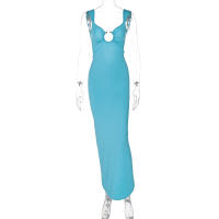 Vestido Maxi Elegante Hugcitar Sin Mangas Con Tirantes Y Abertura En La Espalda Para Mujer Estilo Casual De Verano Con Loop Metálico Y Draped - details 1