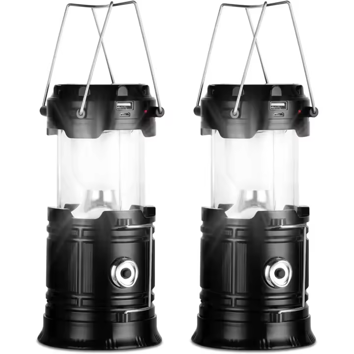 Indoor Camping Solar, Ajustable Lámpara de Camping LED, Impermeable Luz para Acampar de Campaña con Gancho, Luz de Camping para Pesca, Excursión, Jardín, Patio etc. (Negro) - 1