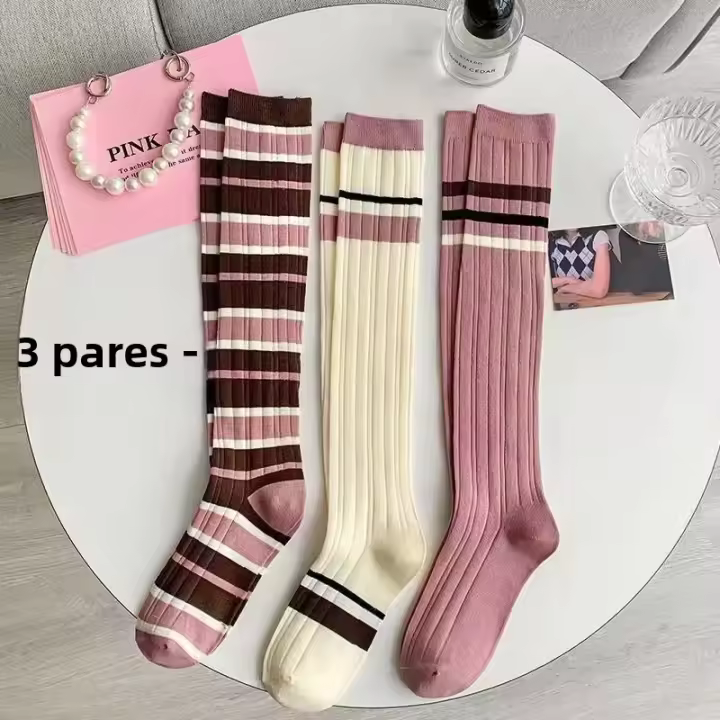 3 Pares De Medias Largas De Punto Para Mujer En Colores Rosados Estilo Universitario Cómodas Transpirables Absorbentes De Sudor Casual - 1