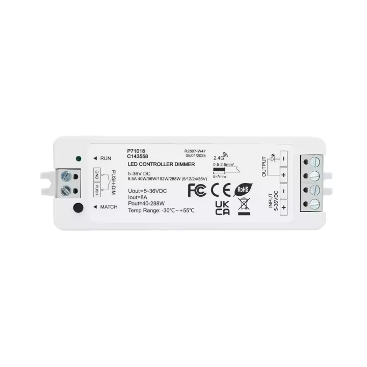 Ledkia Controlador Regulador Tira LED Monocolor 5/12/24/36V DC - Mando RF y Pulsador - 1