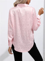 Camisa De Satén Para Mujer Con Cuello Band-collar Y Botones Manga Larga Leopardo Elegante Blusa Casual De Edad Media - details 3
