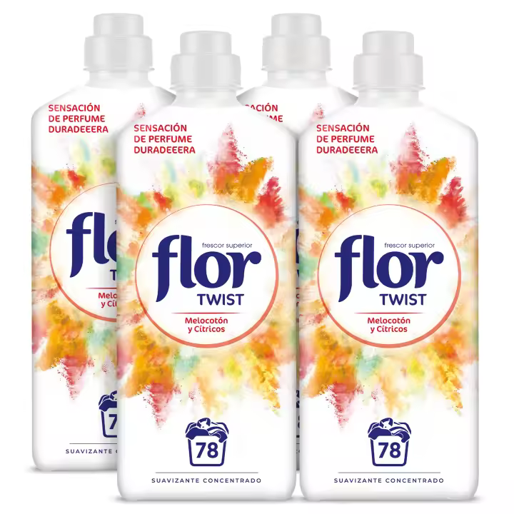 Flor Twist Melocotón Suavizante Concentrado para la ropa 312 lavados (4 botellas de 78 lavados) - 1