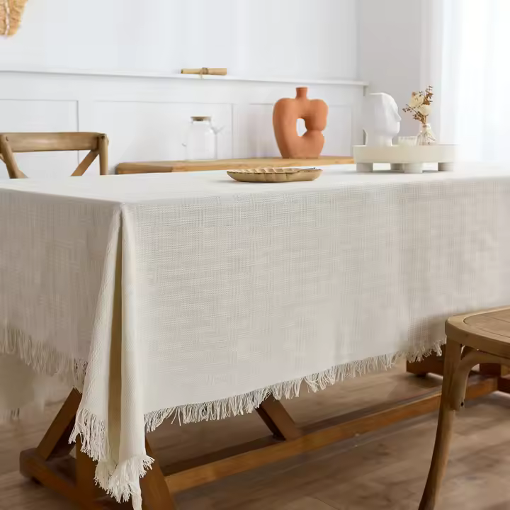 Mantel De Algodón Lino De Otoño En Gris Con Borlas Para Comedor Cocina Picnic Boda Estilo Rústico Farmhouse Cubierta De Malla - 1