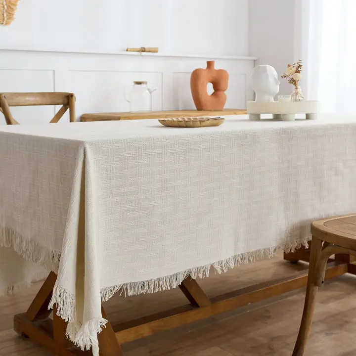 Mantel De Algodón Lino De Otoño En Gris Con Borlas Para Comedor Cocina Picnic Boda Estilo Rústico Farmhouse Cubierta De Malla - 1