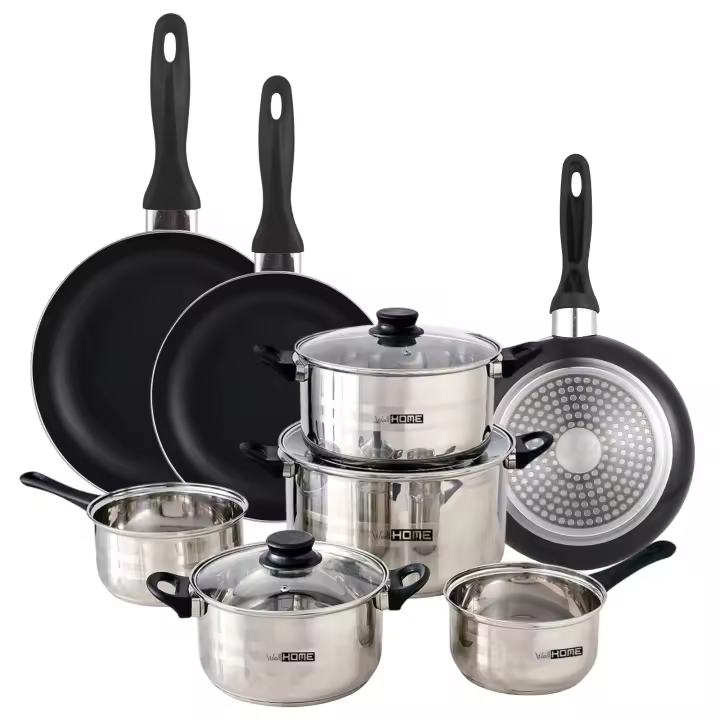 Well Home Set de Batería de cocina de 8pc en acero inoxidable + 3 Sartenes Ø16Ø20Ø24cm de varios colores en aluminio prensado - 1