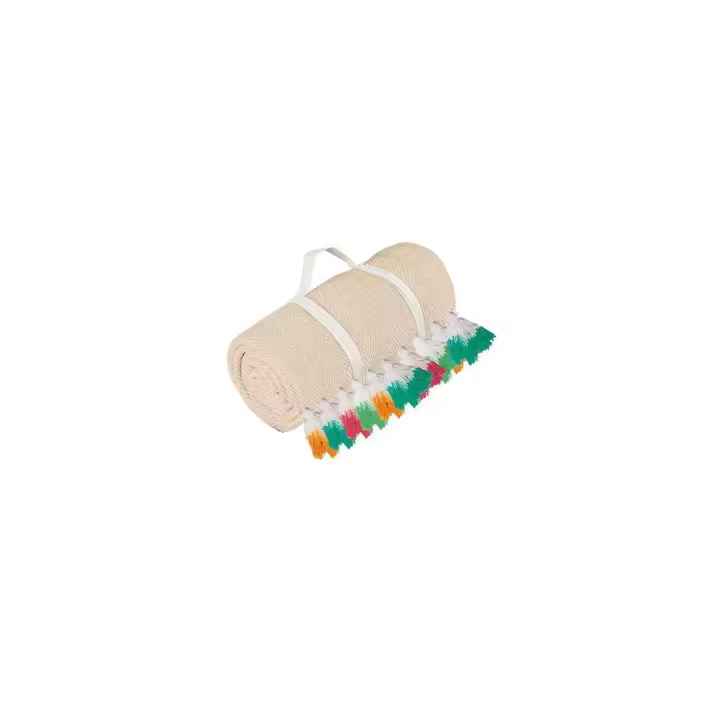 Manterol Outlet - Manta plaid de algodón para sofá rinaldo beige con flecos multicolores. Ideal para sofá o pie de cama. Tacto suave, perfecta para los meses de entretiempo. - 1