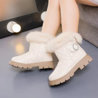 Botas De Invierno Para Niñas De Moda Con Pelo De Pluma Grueso Y Cálido Color Sólido Botas Cortas Para Niñas Estilo Británico Con Cierre SLIP-ON Talla Verdadera - details 4