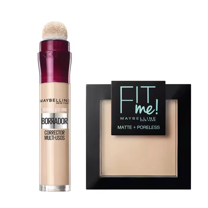 Maybelline New York | Borrador Corrector Hidratante Multiusos Tono Light + Fit Me Mate y Afinaporos Polvos Matificantes pieles muy claras. - 9GR Tono Ivory - 1
