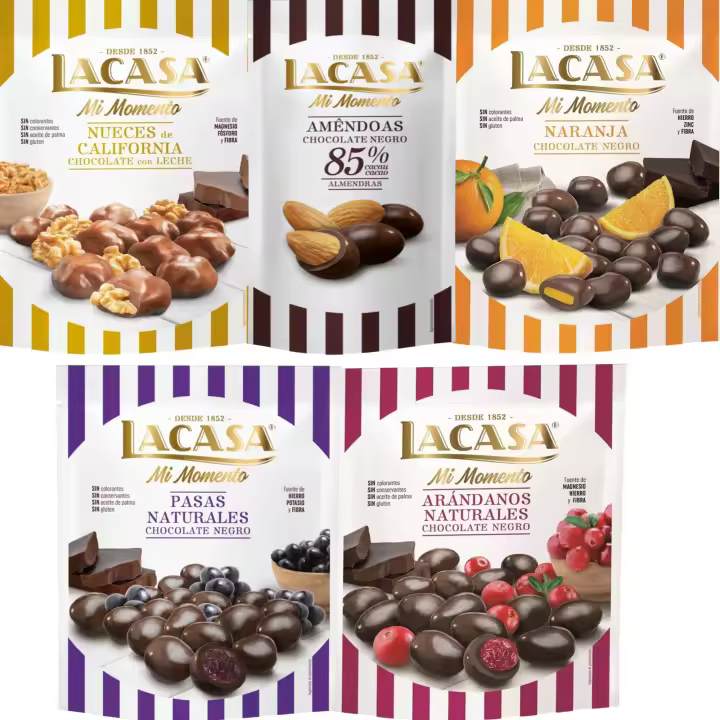 Lacasa Mi Momento pack de 5:Almendra 85% 65G,Arándano choco Negro 125G,Nueces Leche 115G,Pasas choco Negro 150G,Naranja choco Negro 125G - 1