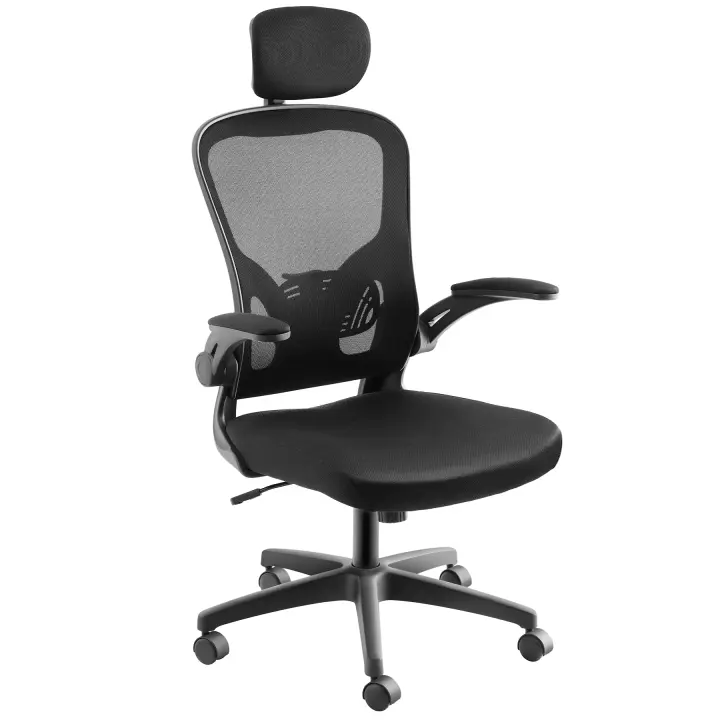 Tectake - Silla de oficina Arges ergonómica con reposacabezas ajustable, Silla de oficina giratoria 360° con cómodo acolchado, Respaldo ergonómico con reposacabezas ajustable, Apoyo lumbar regulable en altura - 1