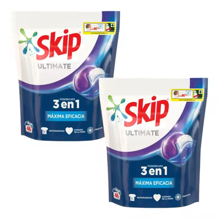 SKIP Ultimate Pack 2 bolsas de detergente máquina líquido 3 en 1 Máxima Eficacia bolsa 46 cápsulas (Total 92 cápsulas) - 1