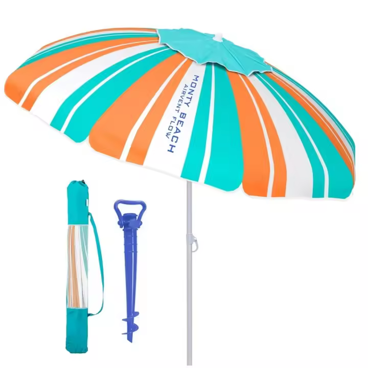 Sombrilla playa y soporte arena, protección UV+50, sombrilla antiviento, varillas flexibles fibra vidrio, techo ventilación, mástil inclinable y regulable altura, bolsa transporte LOLAhome - 1