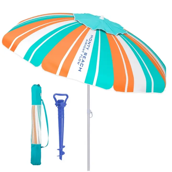 Sombrilla playa y soporte arena, protección UV+50, sombrilla antiviento, varillas flexibles fibra vidrio, techo ventilación, mástil inclinable y regulable altura, bolsa transporte LOLAhome - 1