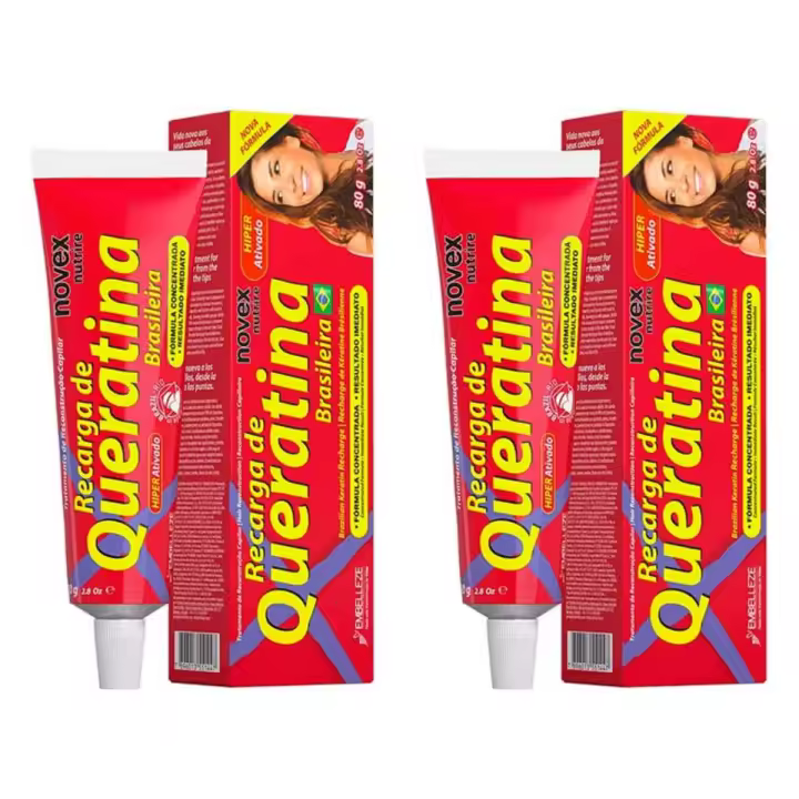 Bellas Extensiones-NOVEX  Set de 2  Tubos de Crema de Peinar de Recarga de Queratina Brasileña (80 g)  Reparación de la fibra capilar, Fuerza, Suavidad y Brillo.  Keratina Vegetal y Vitamina E. Producto Vegano. Formula concentrada- Resultado inmediato - 1