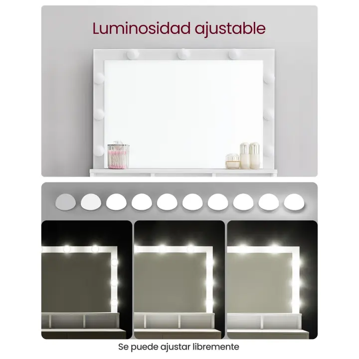 VASAGLE Tocador, Mesa de Maquillaje con Espejo y Luces LED con Brillo Ajustable, 2 Cajones y 3 Compartimentos, Moderno, Blanco - 1