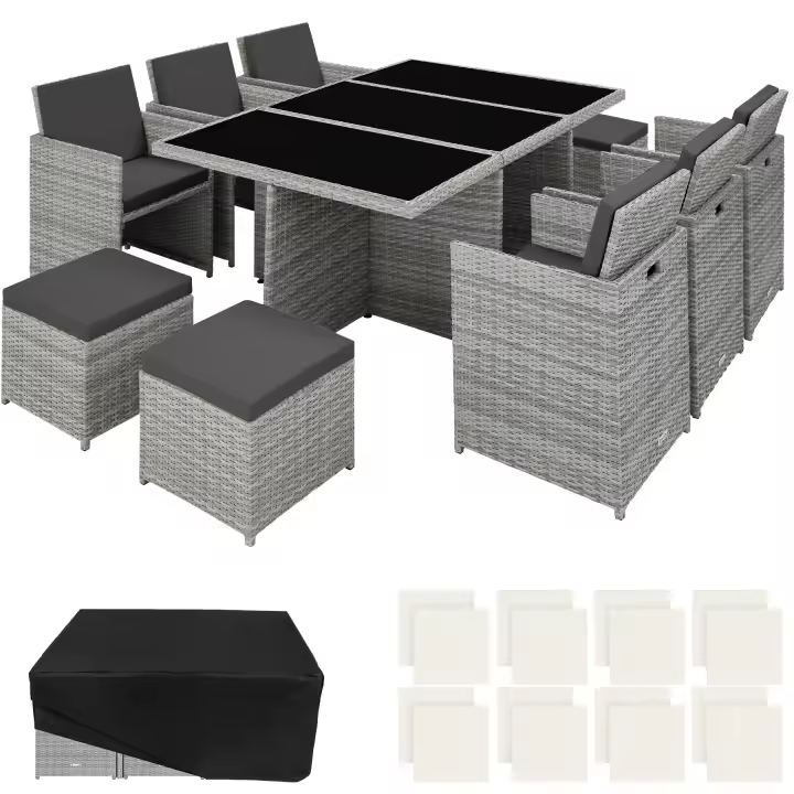 Tectake - Conjunto de ratán sintético Nueva York  Cojines mullidos para máximo confort, grosor aprox. 5 cm  Estructura de aluminio, incluye funda protectora y tuercas de acero inoxidable  2 fundas de cojines intercambiables - 1