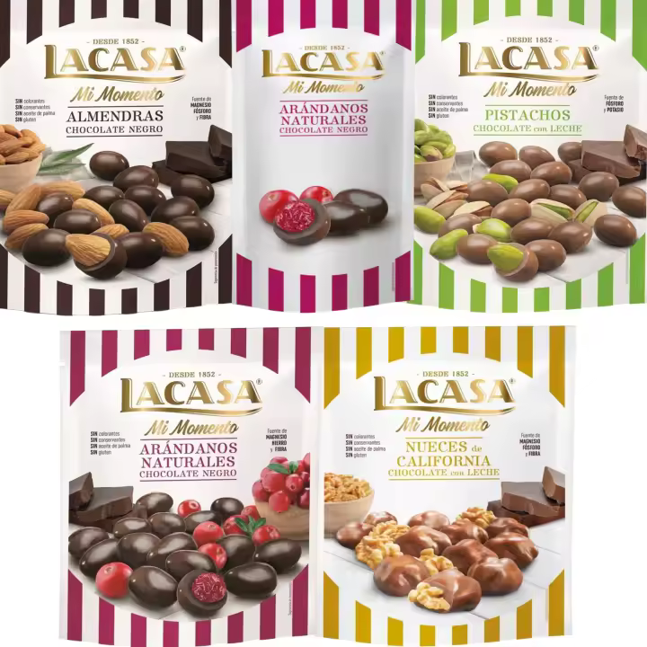 Lacasa Mi Momento pack de 5:Arándano choco Negro 60G,Arándano choco Negro 125G,Nueces Leche 115G,Almendra choco Negro 125G,Pistacho Leche 100G - 1