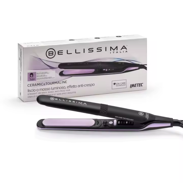 Bellissima Ceramic & Tourmaline - Plancha de Pelo Profesional, Revestimiento de Cerámica y Turmalina, Placas Flexibles, Diseño Redondeado, Temperatura Regulable con Pantalla LED - 1