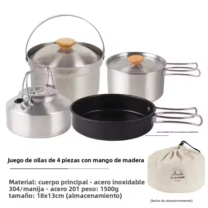 Nuevo Set De 4 Piezas De Olla De Acero Inoxidable Para Exteriores Conjunto De Cocina Familiar Portátil Para Picnic Y Camping Con Sopa Frito Al Vapor - 1