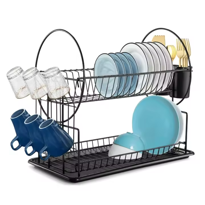 Escurridor de Platos de 2 Capas con Bandeja de Goteo丨Organizador de Cocina Multifuncional丨Soporte para Palillos, Vasos y Vajilla丨Acero al Carbono Antioxidante丨Medidas: 23x36x42 cm丨Gran Capacidad y Eficiencia en Espacios Reducidos丨Color Negro - 1