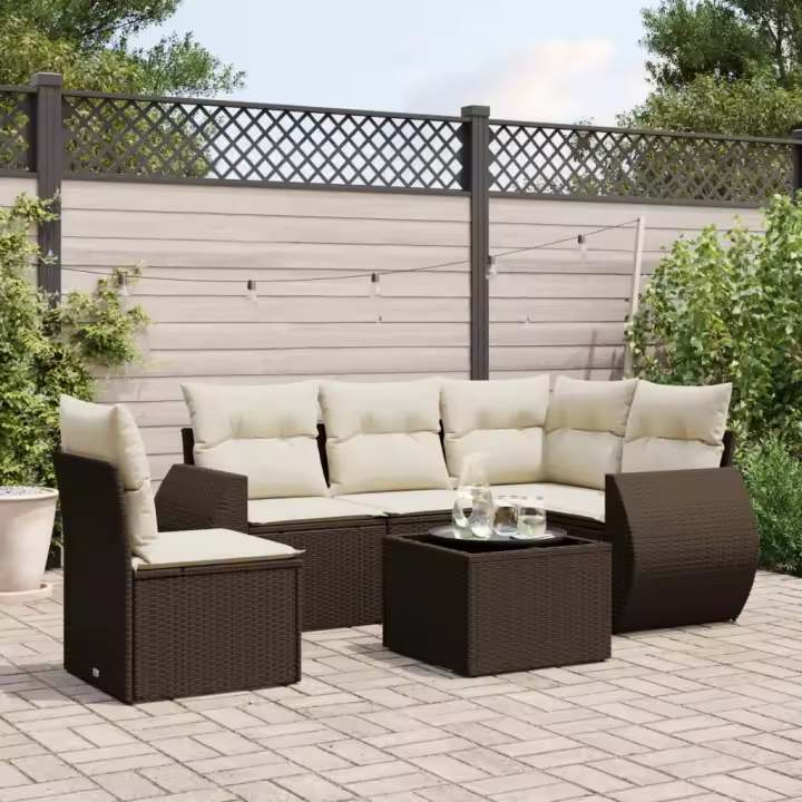 vidaXL Set sofás de jardín 6 piezas y cojines ratán sintético marrón - 1