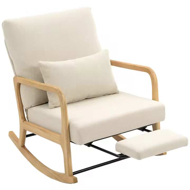 HOMCOM Silla Mecedora con Reposapiés, Respaldo Ajustable, Mecedora de Pana Nórdica, Asiento Amplio, Patas de Madera, Reposabrazos, Cojín Lumbar, Carga 120 kg, para Dormitorio, Salón, Crema - 1