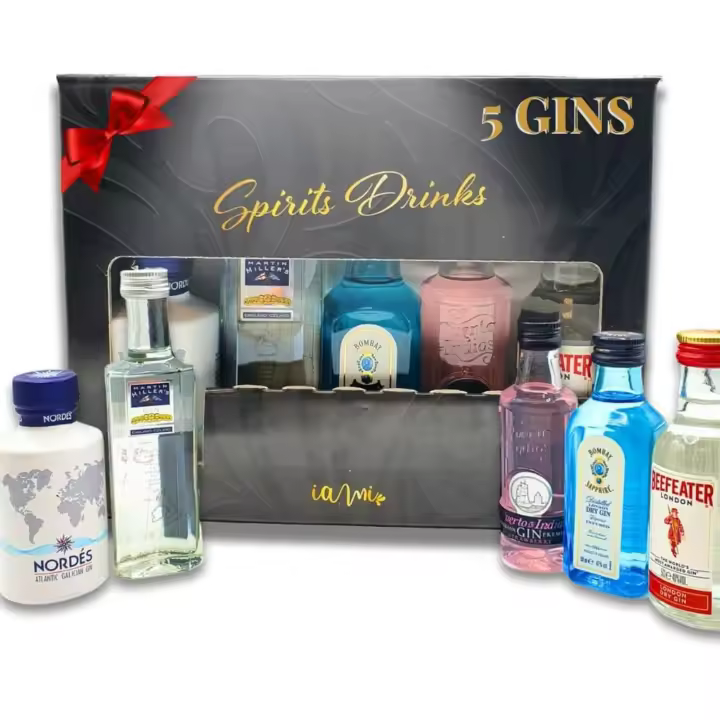 Kit Mini Ginebras  Caja Regalo con 5 Mini Botellas: Beefeater, Nordes, Martin Miller, Puerto de Indias y Bombay Saphire  Perfecto como Regalo Cumpleaños, Amigos  Pack Ginebra 5 x 5cl - 1