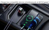 The car charger fast charge two compatible devices simultaneously at QC3.0 speed.