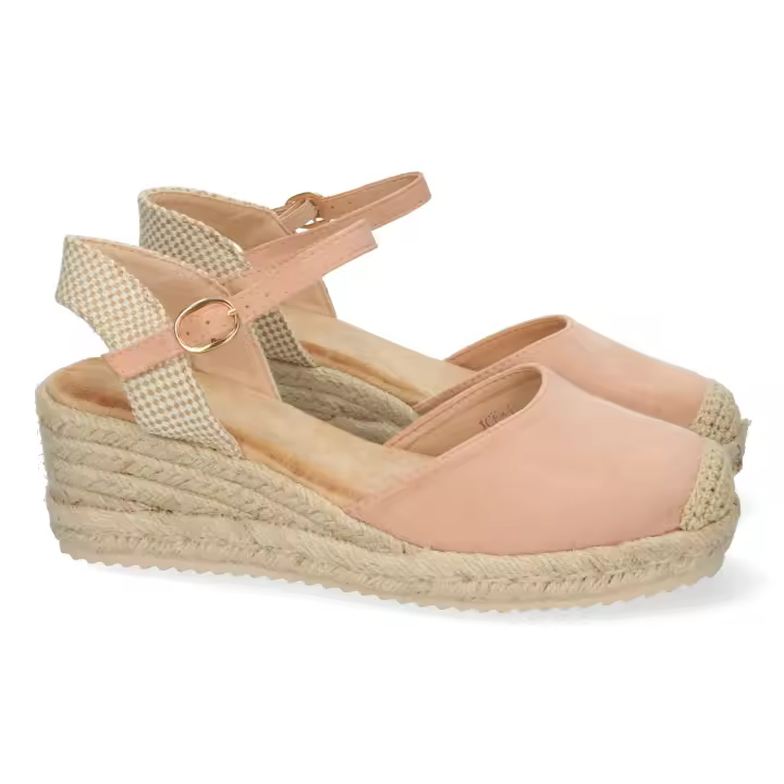 Sandalia de Cuña para Mujer Forrada de Yute, Pala Cerrada y Cierre de Hebilla – Primavera Verano- Rosa - 1