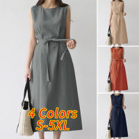Vestido Largo De Verano Para Mujer Estilo Vintage De Algodón Y Lino Cuello Redondo Sin Mangas Cinturado Talla Grande Casual - details 1